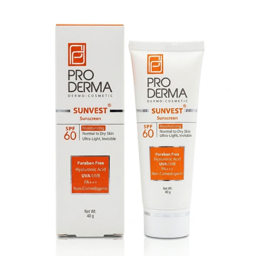 pic-1774096-17f2062e-522d-439a-b864-2922bfda6527.jpg کرم ضدآفتاب SPF60 مرطوبکننده بیرنگ پرودرما (PRO DERMA) سری Sunvest (پوست نرمال تا خشک) وزن ۴۰ گرمی