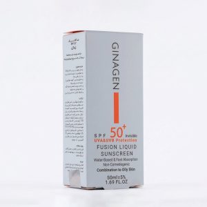 کرم ضدآفتاب بی رنگ ژیناژن (GINAGEN) مدل فیوژن لیکوئید SPF 50 مناسب پوست چرب و مختلط حجم ۵۰ میلی‌لیتر