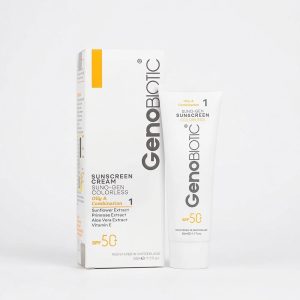 کرم ضدآفتاب SPF50 بی‌رنگ ژنوبایوتیک (Genobiotic) مدل سانوجن پوست‌ چرب و مختلط حجم ۵۰ میلی‌لیتر