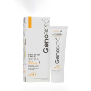 کرم ضدآفتاب SPF50 رنگی ژنوبایوتیک (Genobiotic) رنگ بژ روشن (شماره ۳) پوست‌ چرب و مختلط حجم ۵۰ میلی‌لیتر